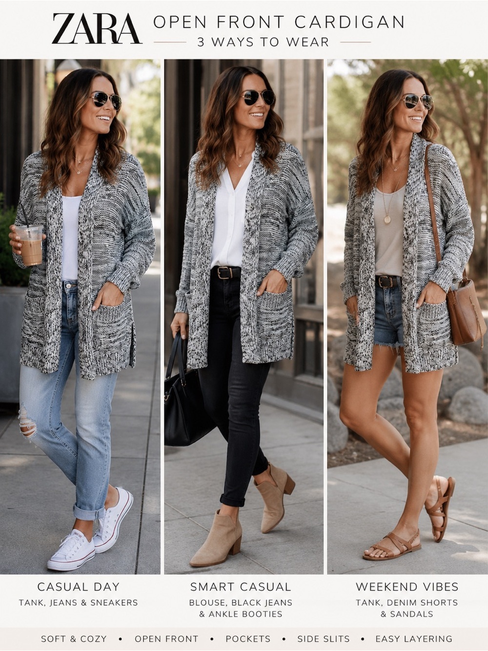 Zara Gray Marled Open Front Cardigan Sweater Pockets Side Slits Size M